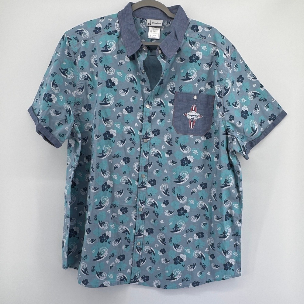 Disney Parks Mickey Mouse Longboard Surf Team Hawaiian Shirt Blue Mens XL Cotton